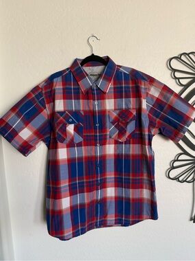 ABLANCHE Men’s Short Sleeve Plaid Button Down Shirt Red White Blue - XXL NWOT
